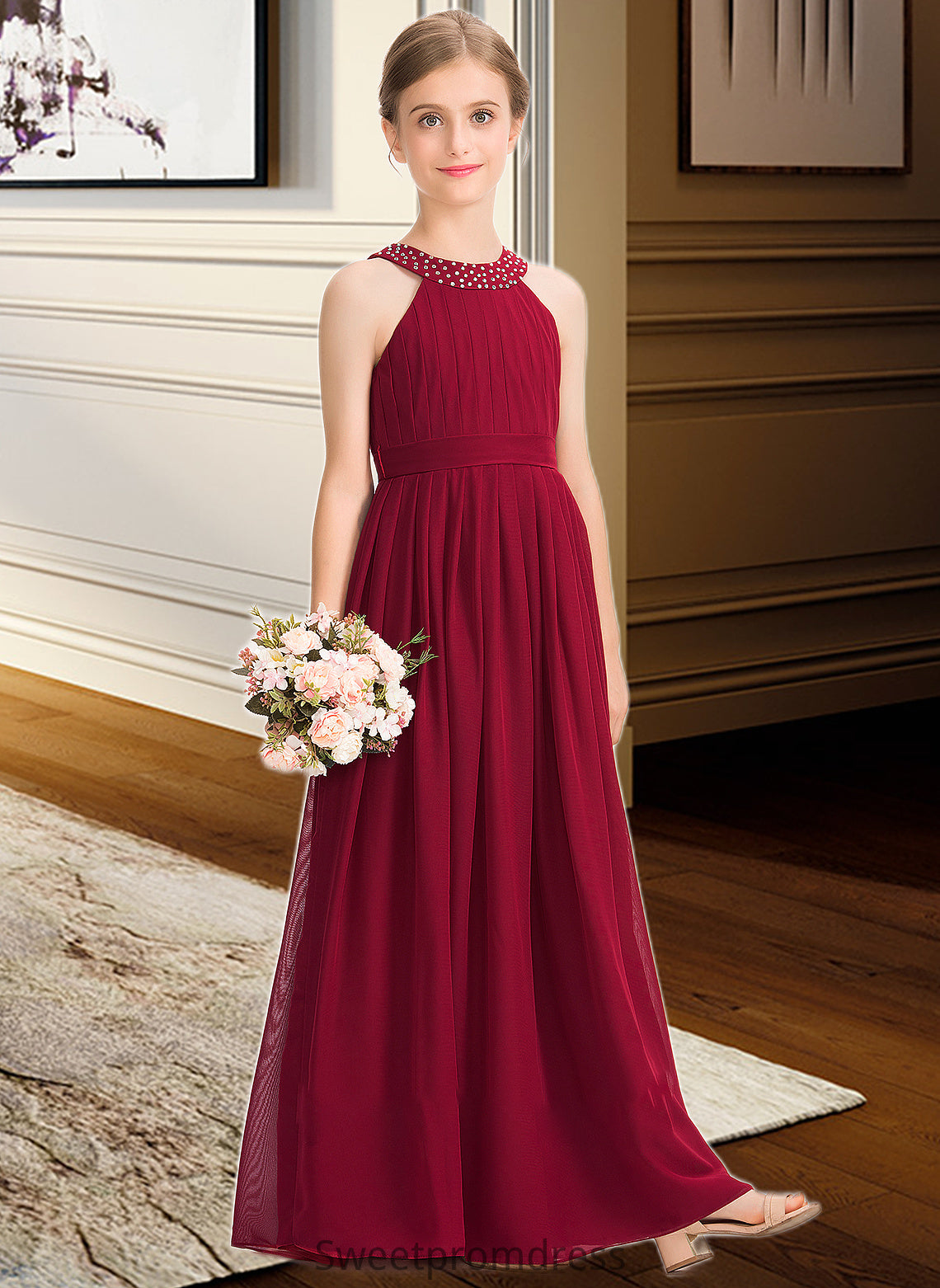 Kylee A-Line Scoop Neck Floor-Length Chiffon Junior Bridesmaid Dress With Ruffle Beading Bow(s) DHP0013447