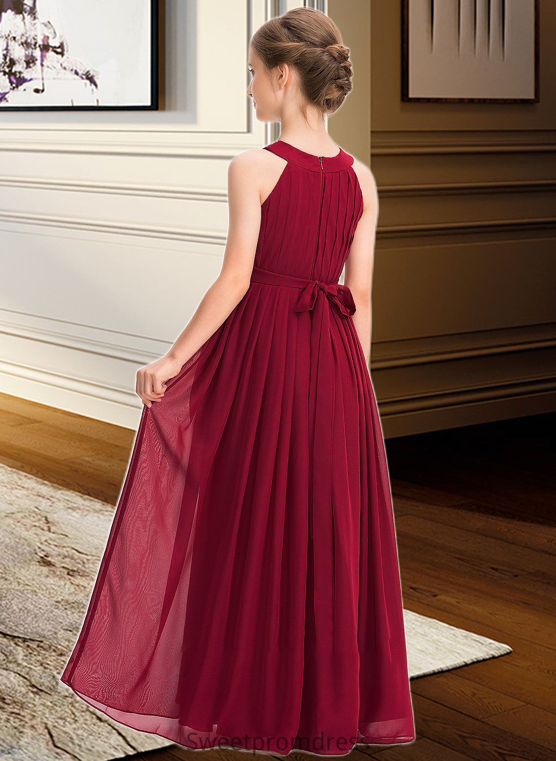 Kylee A-Line Scoop Neck Floor-Length Chiffon Junior Bridesmaid Dress With Ruffle Beading Bow(s) DHP0013447