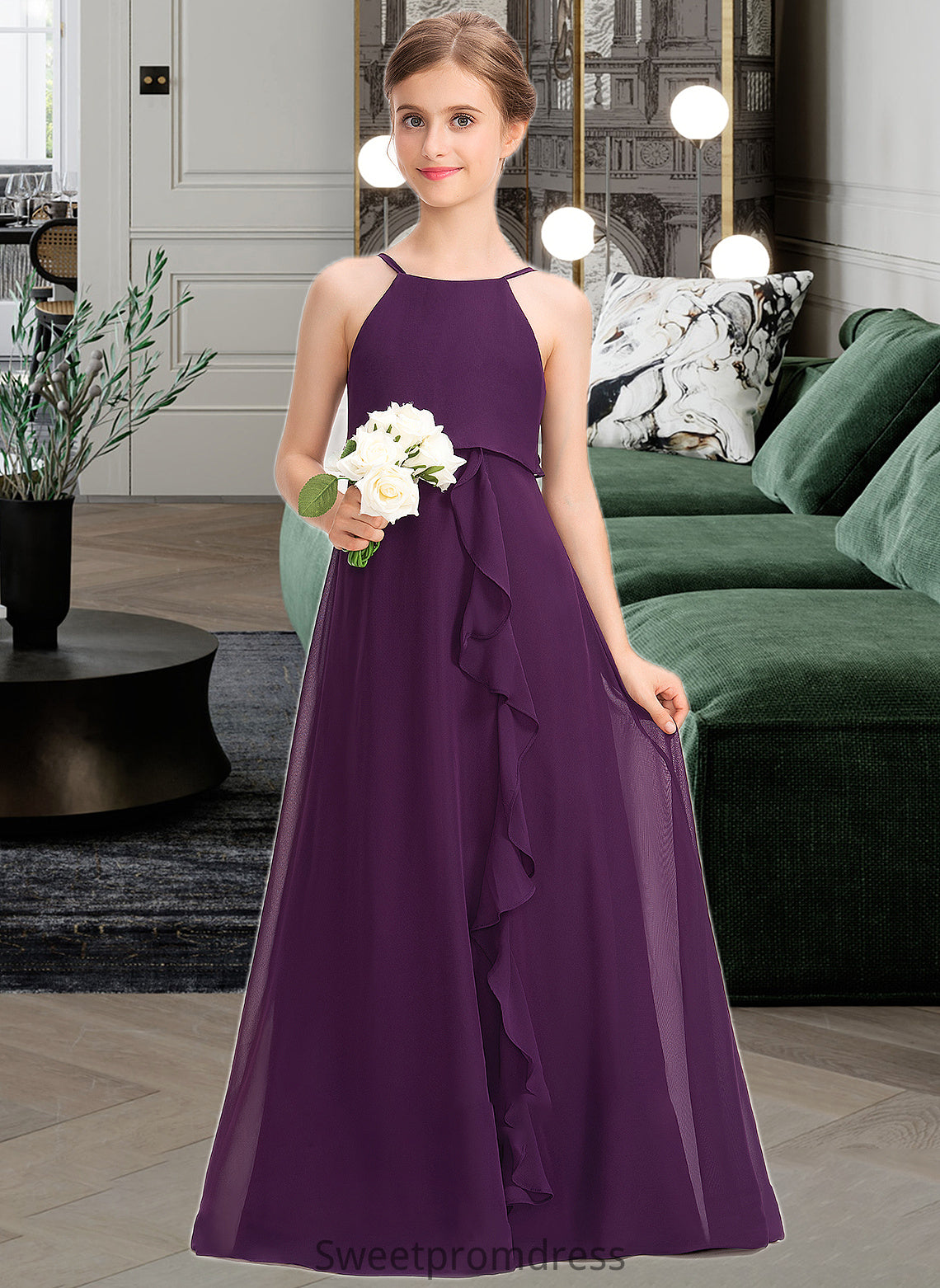 Maci A-Line Scoop Neck Floor-Length Chiffon Junior Bridesmaid Dress With Bow(s) Cascading Ruffles DHP0013448