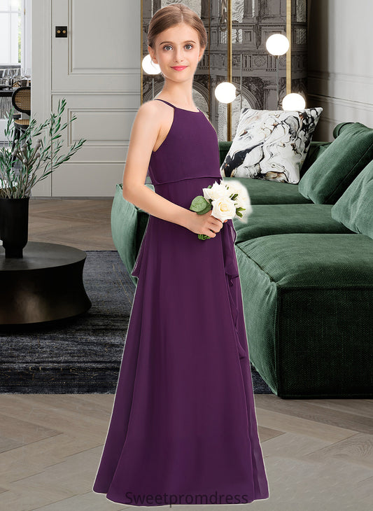 Maci A-Line Scoop Neck Floor-Length Chiffon Junior Bridesmaid Dress With Bow(s) Cascading Ruffles DHP0013448