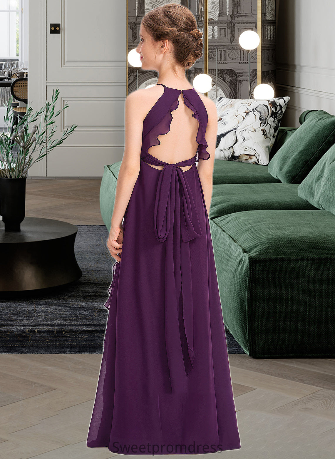 Maci A-Line Scoop Neck Floor-Length Chiffon Junior Bridesmaid Dress With Bow(s) Cascading Ruffles DHP0013448