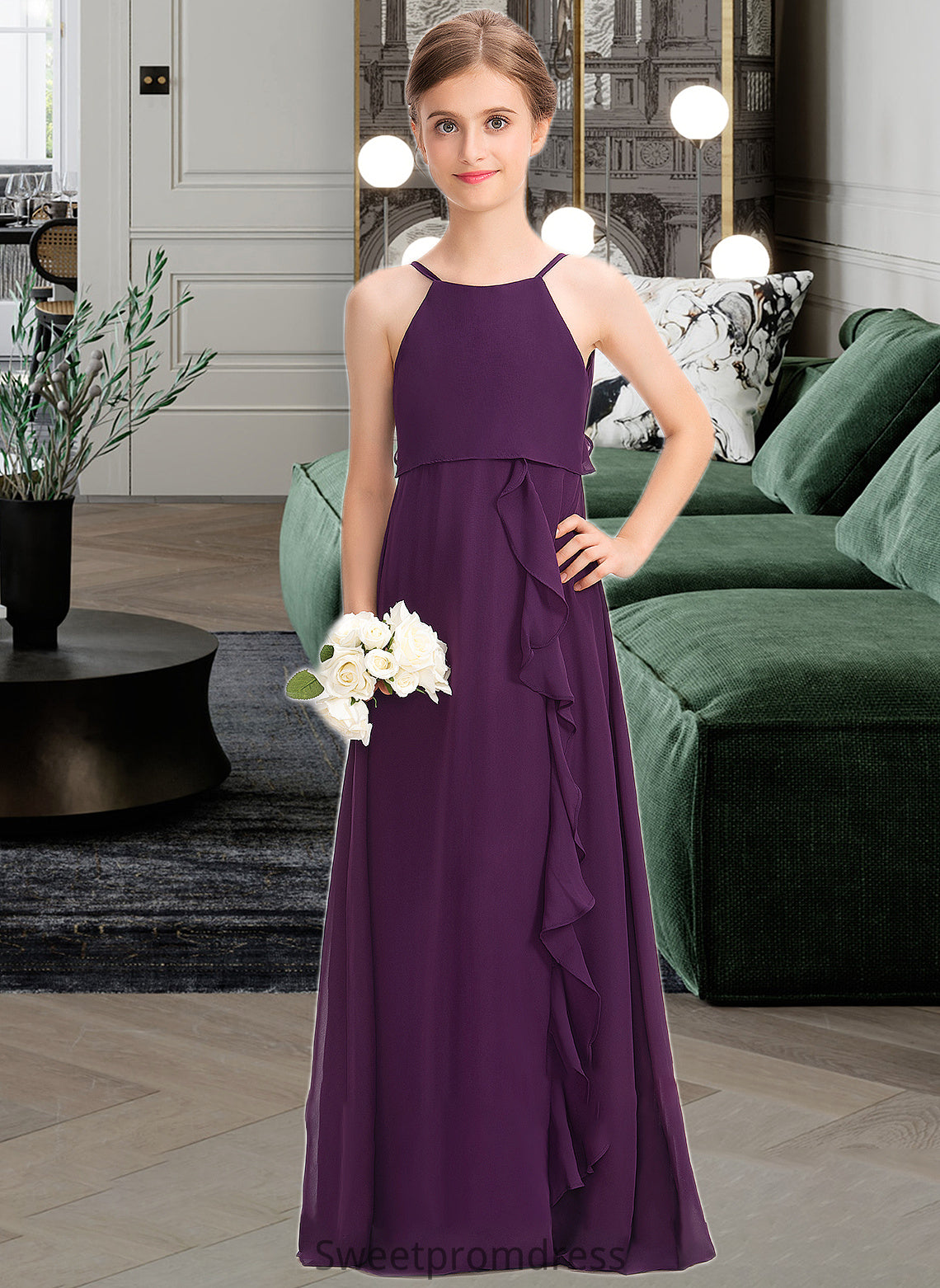 Maci A-Line Scoop Neck Floor-Length Chiffon Junior Bridesmaid Dress With Bow(s) Cascading Ruffles DHP0013448