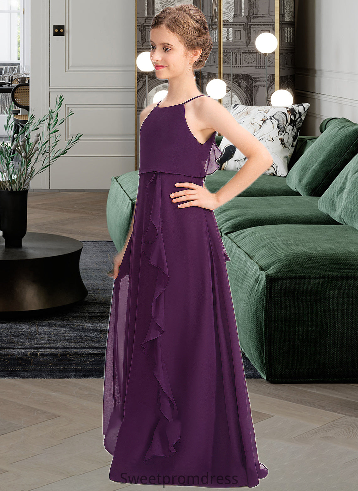 Maci A-Line Scoop Neck Floor-Length Chiffon Junior Bridesmaid Dress With Bow(s) Cascading Ruffles DHP0013448