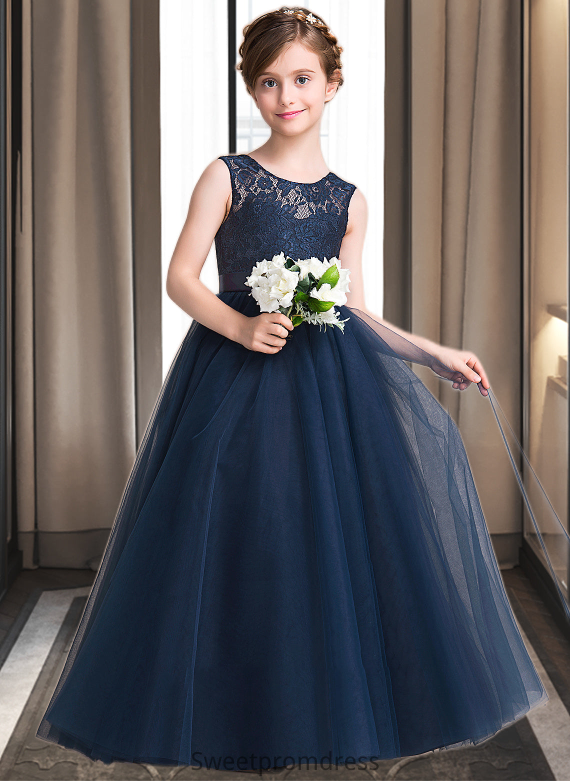 Katelynn Ball-Gown/PrincessScoopNeckFloor-LengthTulleJuniorBridesmaidDressWithSash#126265 DHP0013449