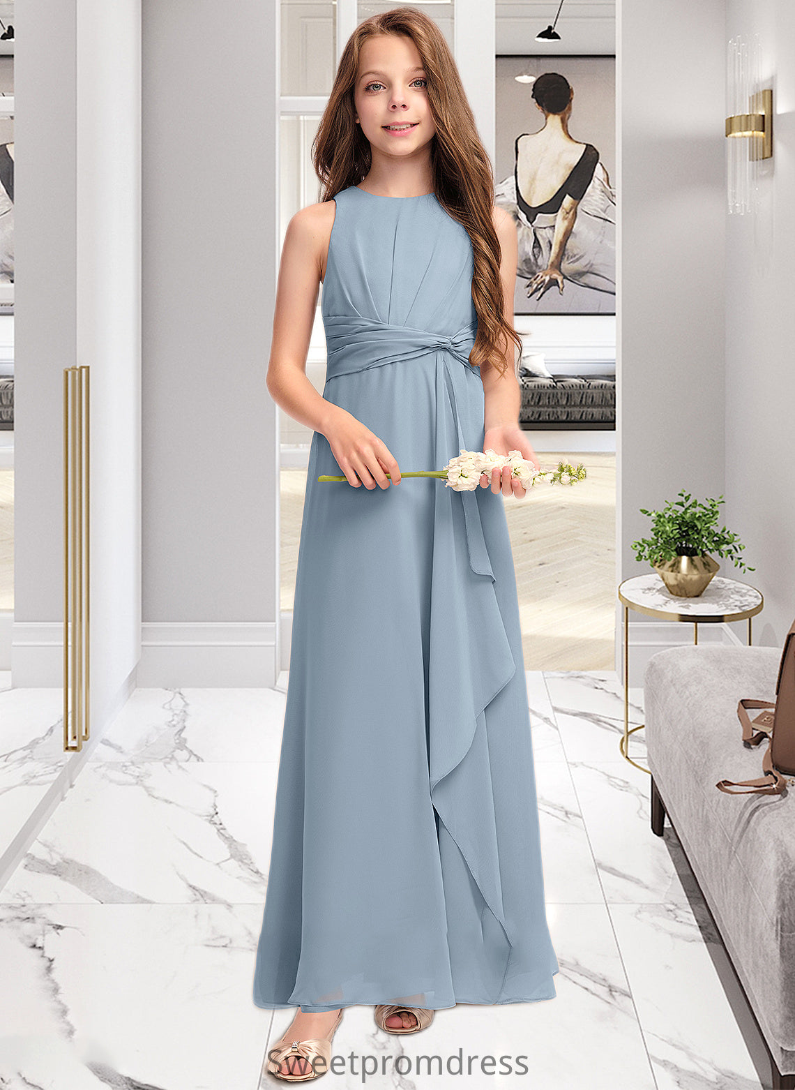 Aaliyah A-Line Scoop Neck Floor-Length Chiffon Junior Bridesmaid Dress With Cascading Ruffles DHP0013450