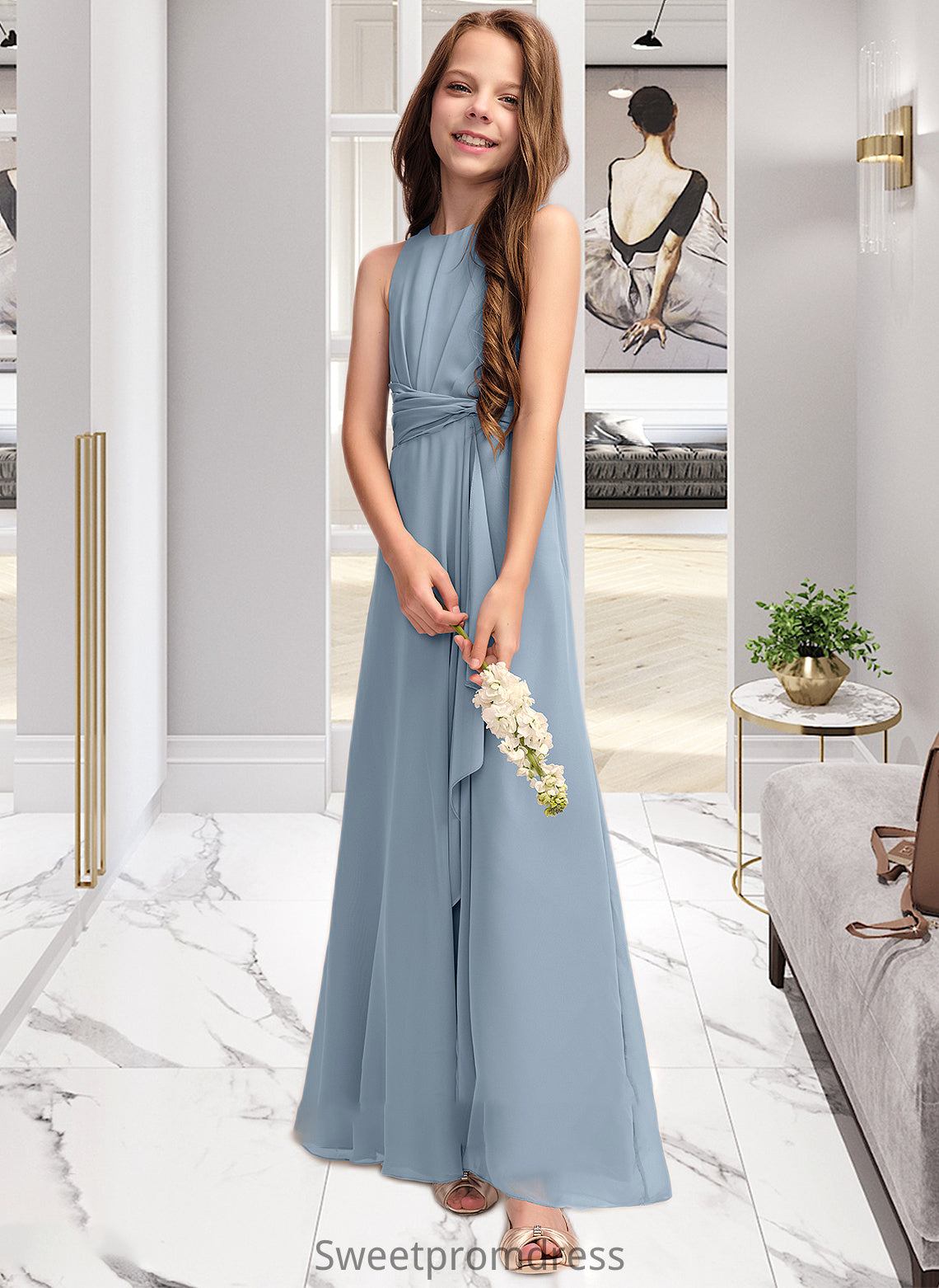 Aaliyah A-Line Scoop Neck Floor-Length Chiffon Junior Bridesmaid Dress With Cascading Ruffles DHP0013450