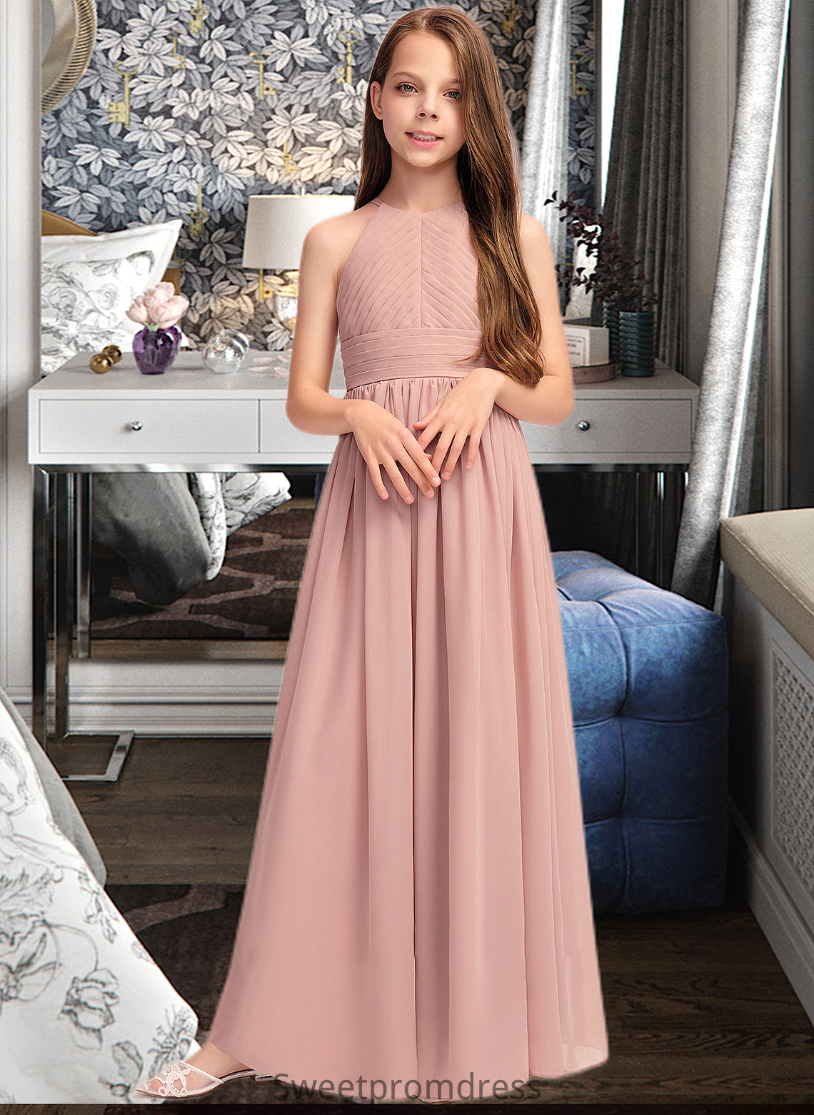 Nicky A-Line Scoop Neck Floor-Length Chiffon Junior Bridesmaid Dress With Ruffle DHP0013451