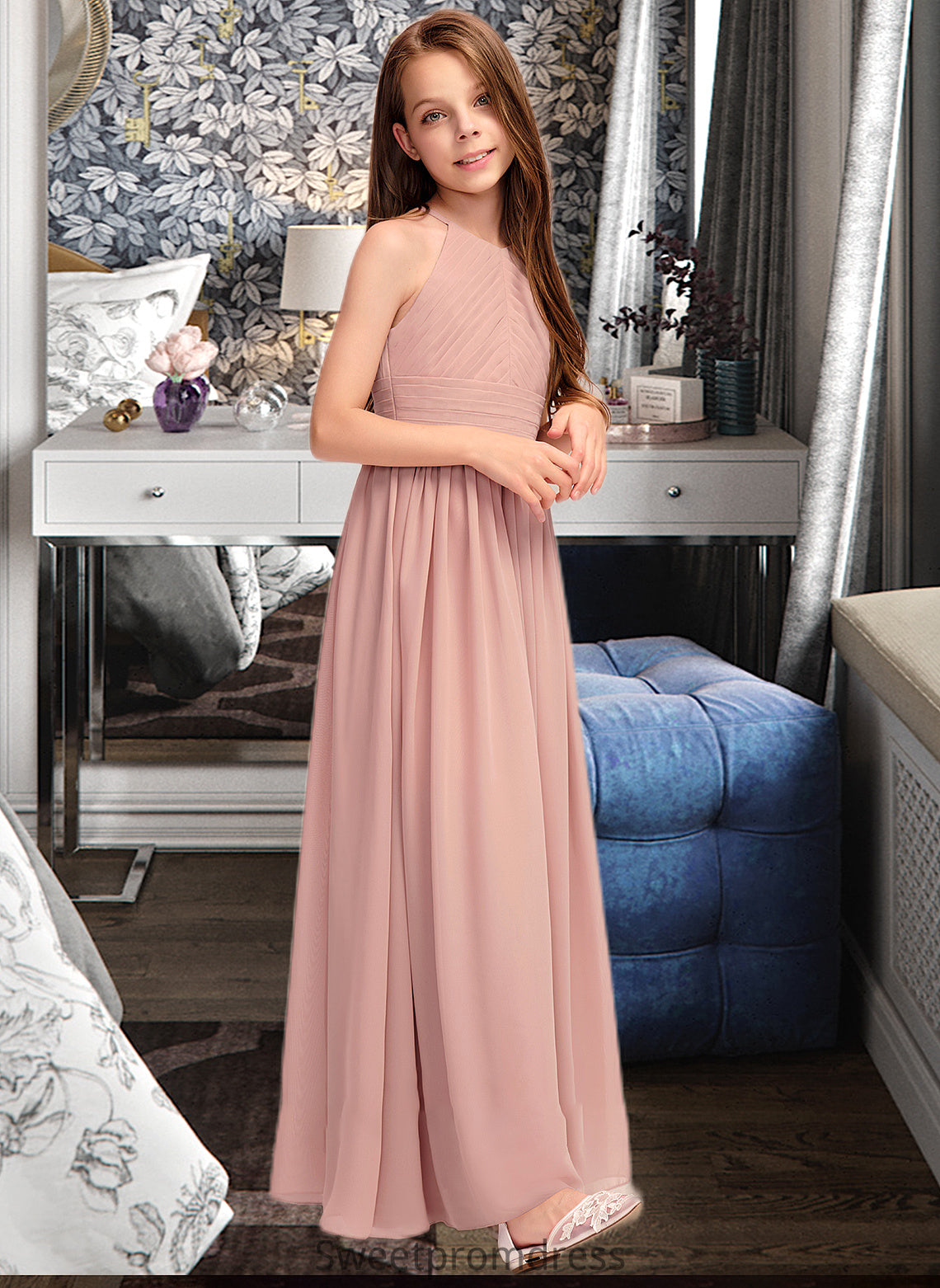 Nicky A-Line Scoop Neck Floor-Length Chiffon Junior Bridesmaid Dress With Ruffle DHP0013451