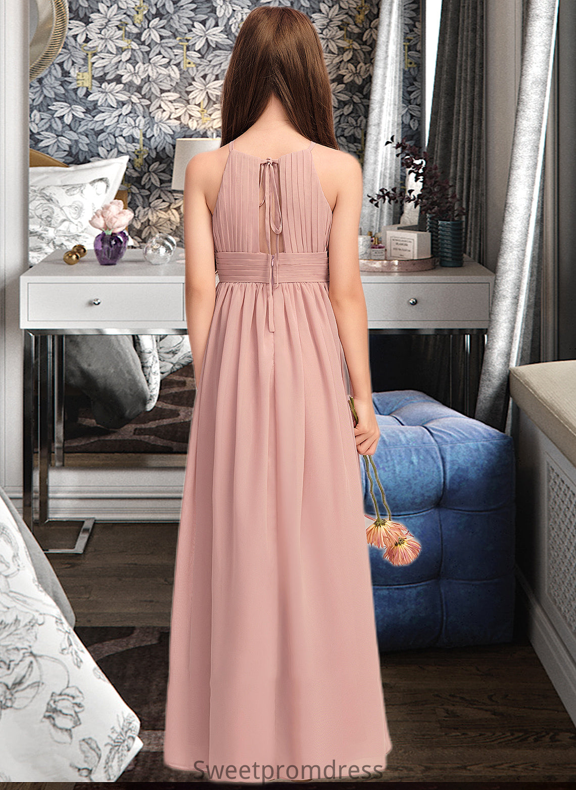 Nicky A-Line Scoop Neck Floor-Length Chiffon Junior Bridesmaid Dress With Ruffle DHP0013451