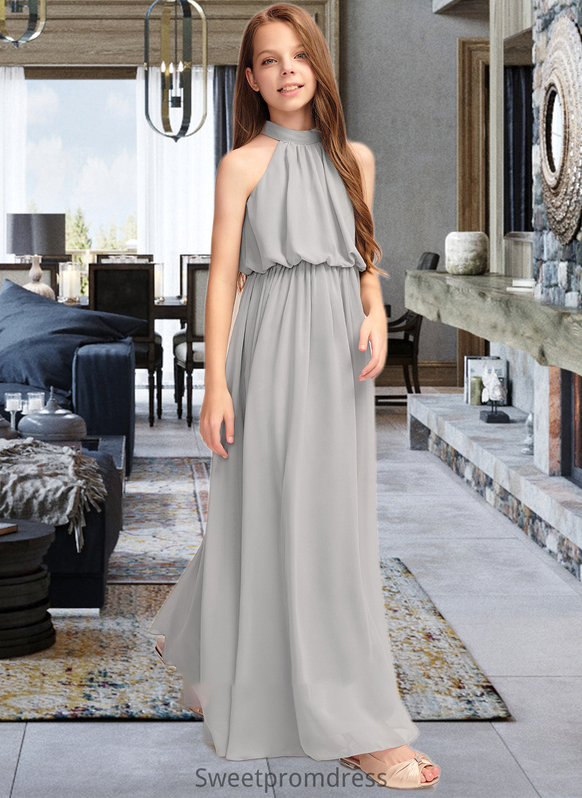 Evie A-Line High Neck Floor-Length Chiffon Junior Bridesmaid Dress With Ruffle DHP0013452