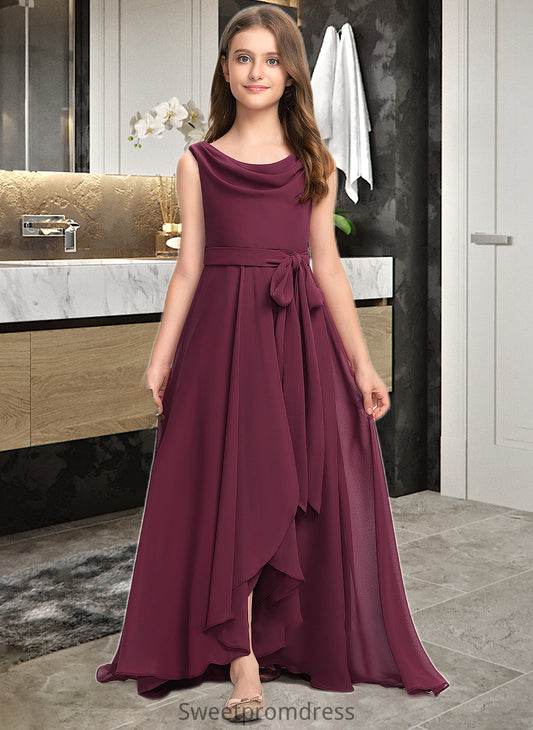 Melany A-Line Cowl Neck Asymmetrical Chiffon Junior Bridesmaid Dress With Bow(s) DHP0013454