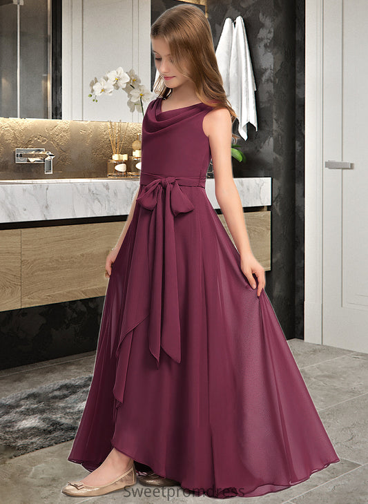 Melany A-Line Cowl Neck Asymmetrical Chiffon Junior Bridesmaid Dress With Bow(s) DHP0013454