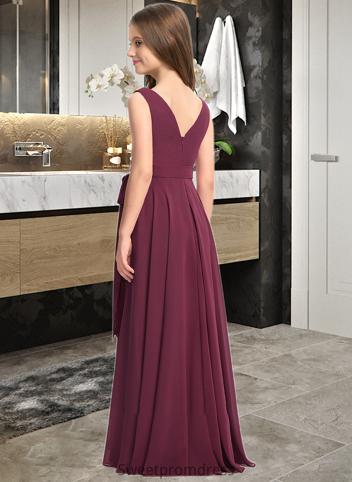 Melany A-Line Cowl Neck Asymmetrical Chiffon Junior Bridesmaid Dress With Bow(s) DHP0013454