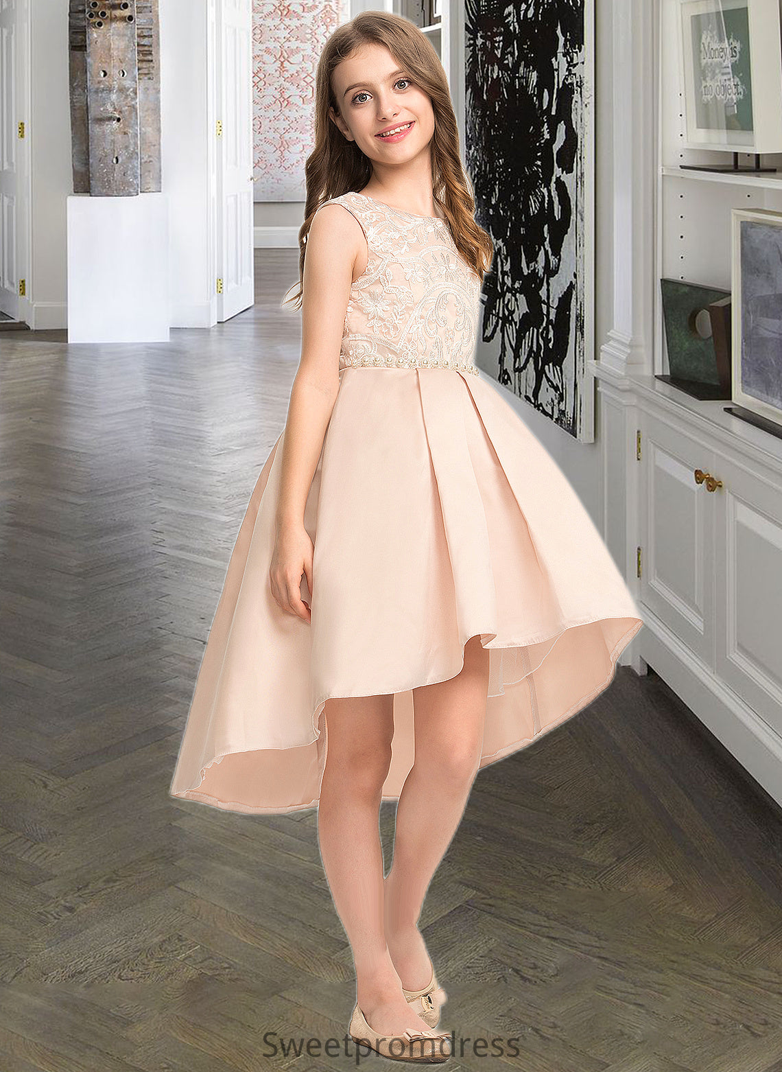 Miya A-Line Scoop Neck Asymmetrical Satin Lace Junior Bridesmaid Dress With Beading Pockets DHP0013455