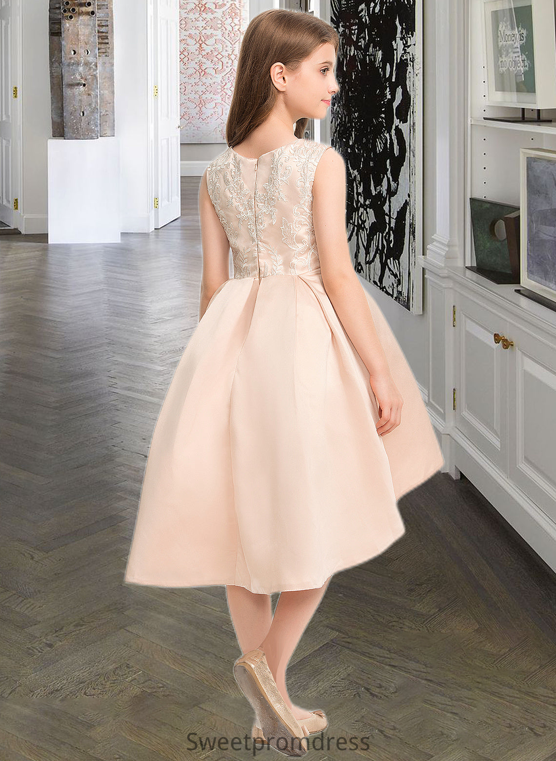 Miya A-Line Scoop Neck Asymmetrical Satin Lace Junior Bridesmaid Dress With Beading Pockets DHP0013455