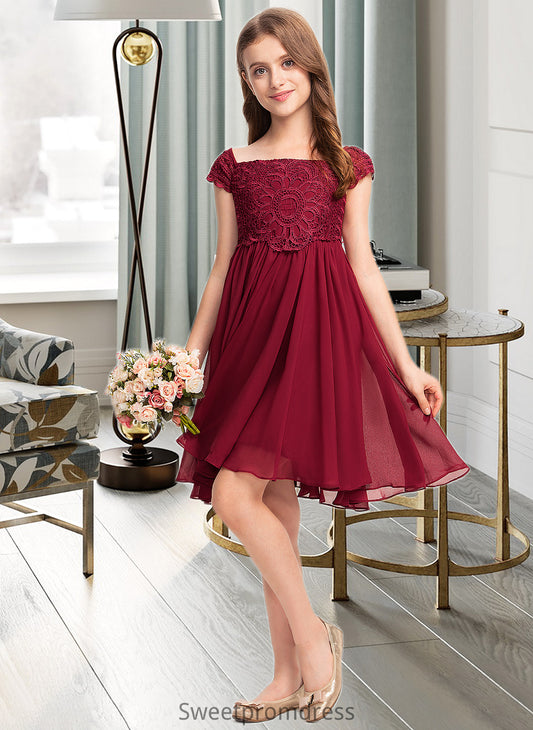 Desiree A-Line Off-the-Shoulder Knee-Length Chiffon Lace Junior Bridesmaid Dress With Bow(s) DHP0013456