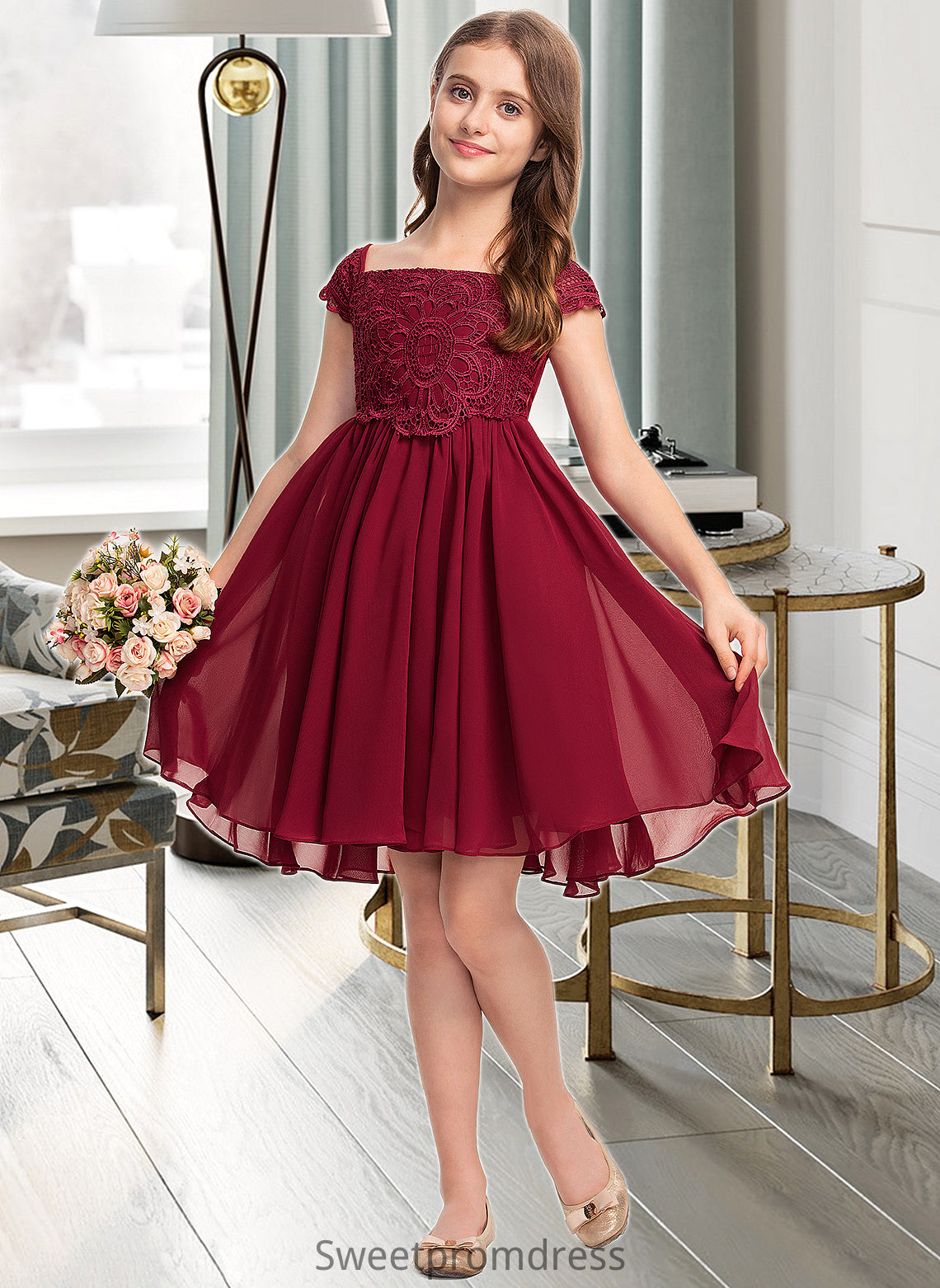 Desiree A-Line Off-the-Shoulder Knee-Length Chiffon Lace Junior Bridesmaid Dress With Bow(s) DHP0013456