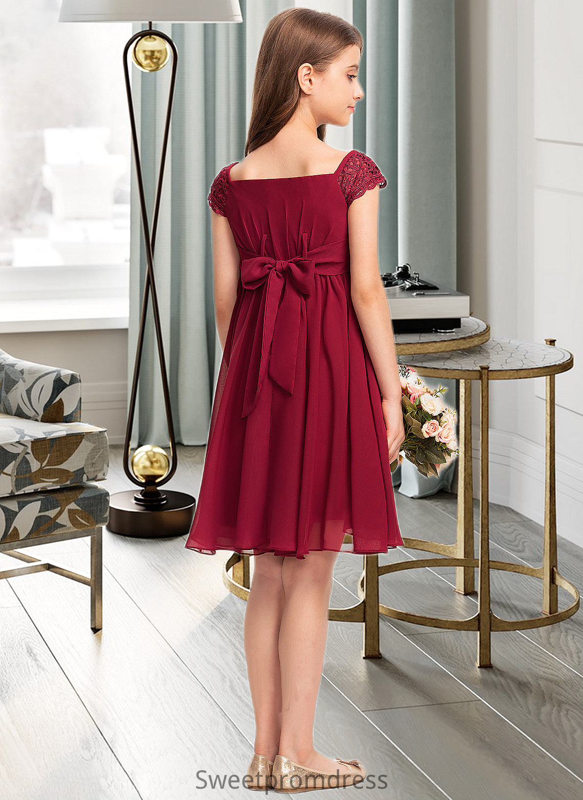 Desiree A-Line Off-the-Shoulder Knee-Length Chiffon Lace Junior Bridesmaid Dress With Bow(s) DHP0013456