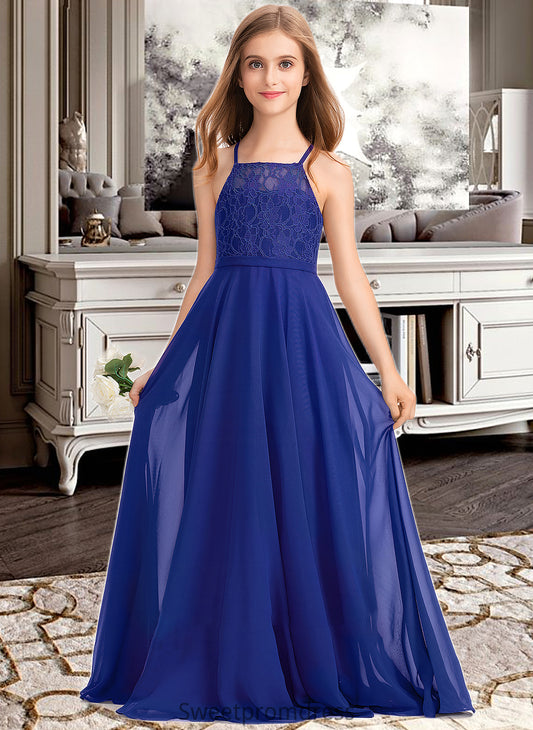 Karly A-Line Square Neckline Floor-Length Chiffon Lace Junior Bridesmaid Dress DHP0013457