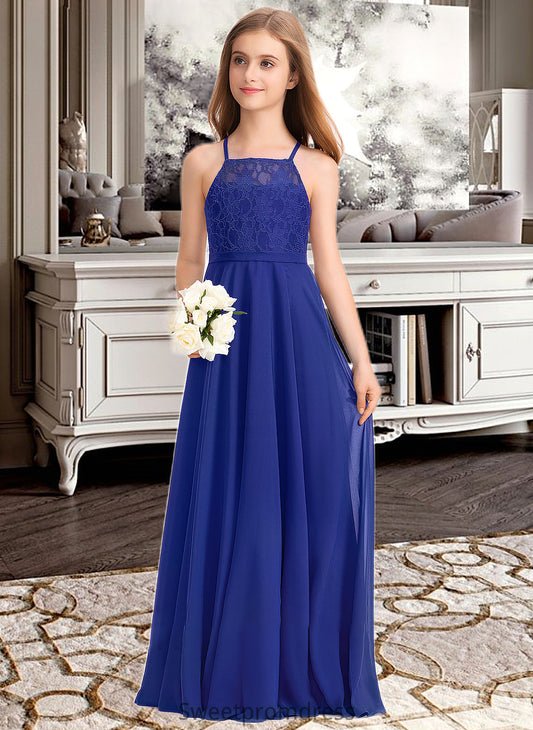 Karly A-Line Square Neckline Floor-Length Chiffon Lace Junior Bridesmaid Dress DHP0013457