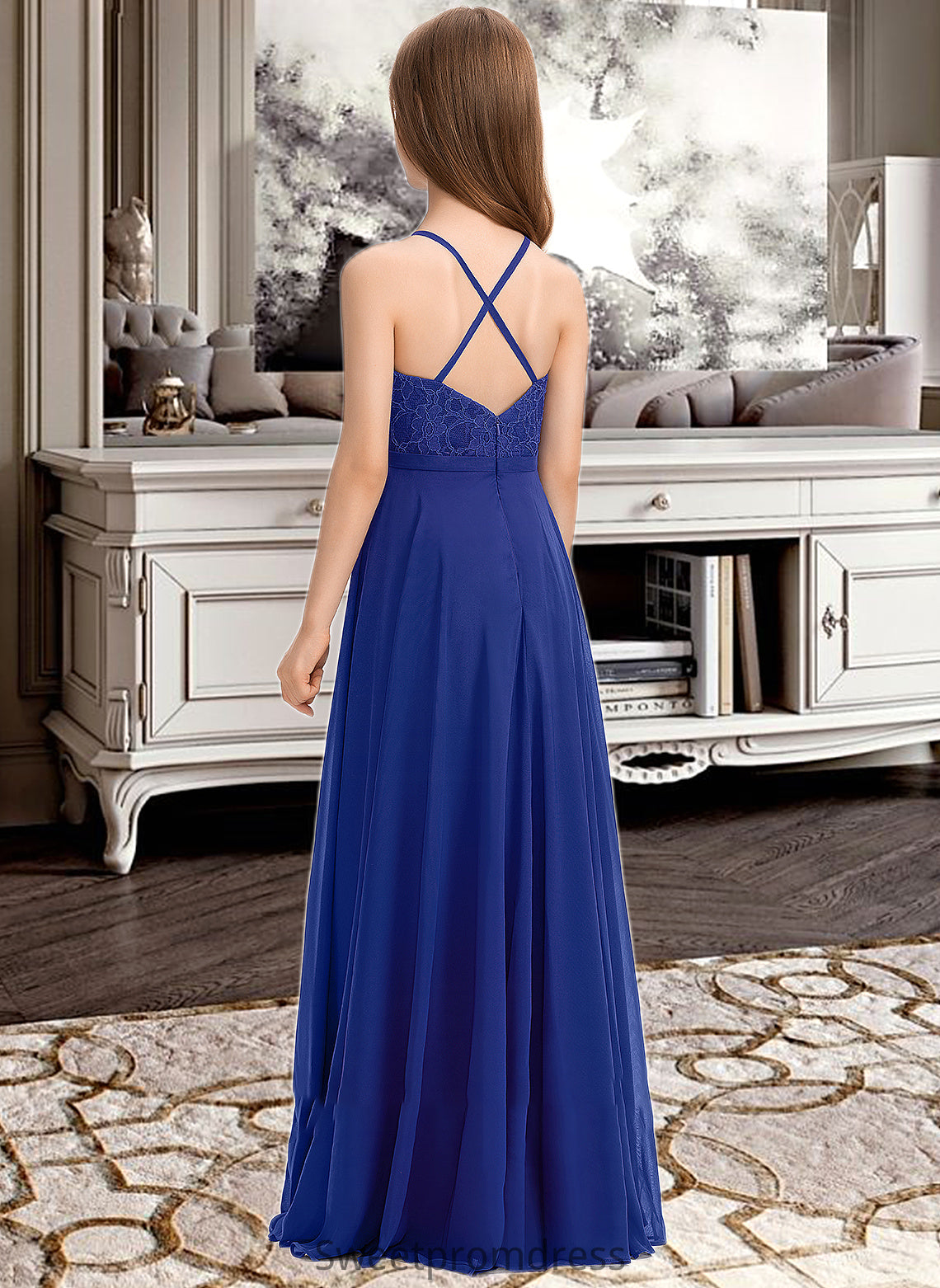 Karly A-Line Square Neckline Floor-Length Chiffon Lace Junior Bridesmaid Dress DHP0013457