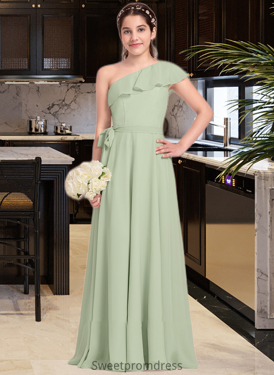 Alani A-Line One-Shoulder Floor-Length Chiffon Junior Bridesmaid Dress With Cascading Ruffles DHP0013458