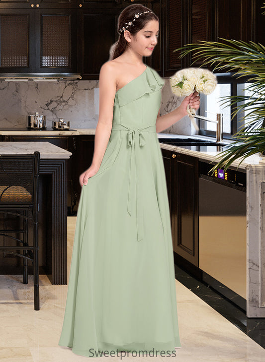 Alani A-Line One-Shoulder Floor-Length Chiffon Junior Bridesmaid Dress With Cascading Ruffles DHP0013458