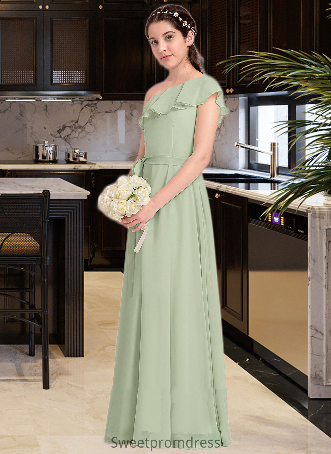 Alani A-Line One-Shoulder Floor-Length Chiffon Junior Bridesmaid Dress With Cascading Ruffles DHP0013458