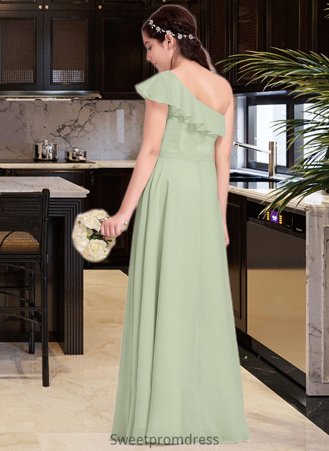 Alani A-Line One-Shoulder Floor-Length Chiffon Junior Bridesmaid Dress With Cascading Ruffles DHP0013458