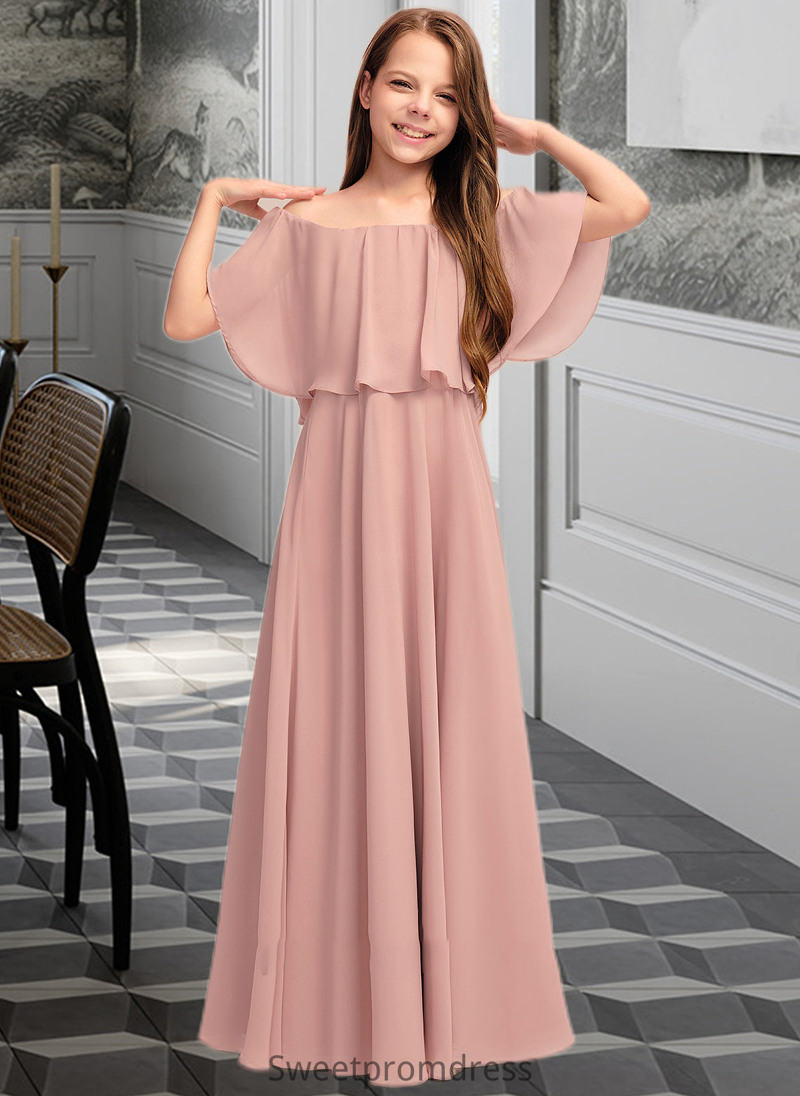 Charlee A-Line Off-the-Shoulder Floor-Length Chiffon Junior Bridesmaid Dress With Ruffle DHP0013459