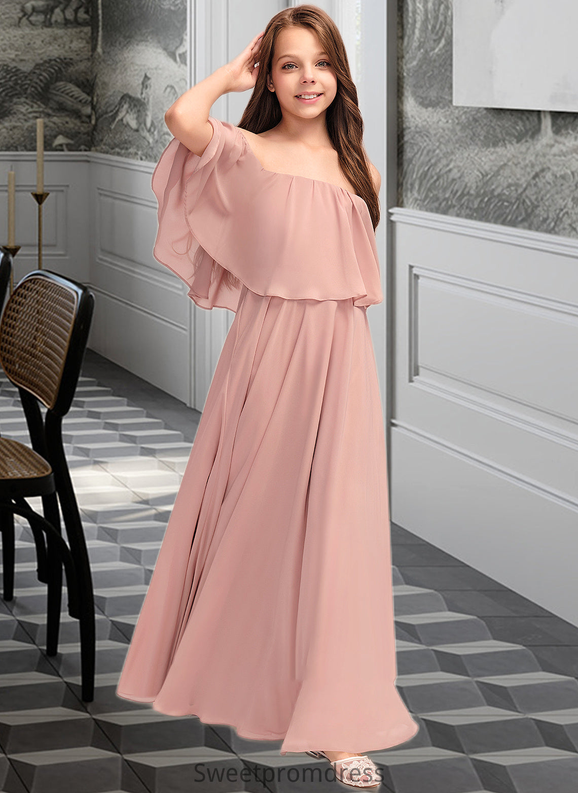 Charlee A-Line Off-the-Shoulder Floor-Length Chiffon Junior Bridesmaid Dress With Ruffle DHP0013459