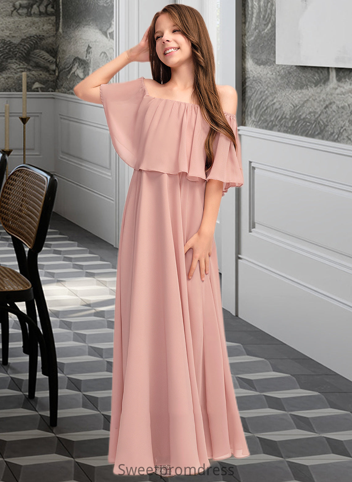 Charlee A-Line Off-the-Shoulder Floor-Length Chiffon Junior Bridesmaid Dress With Ruffle DHP0013459