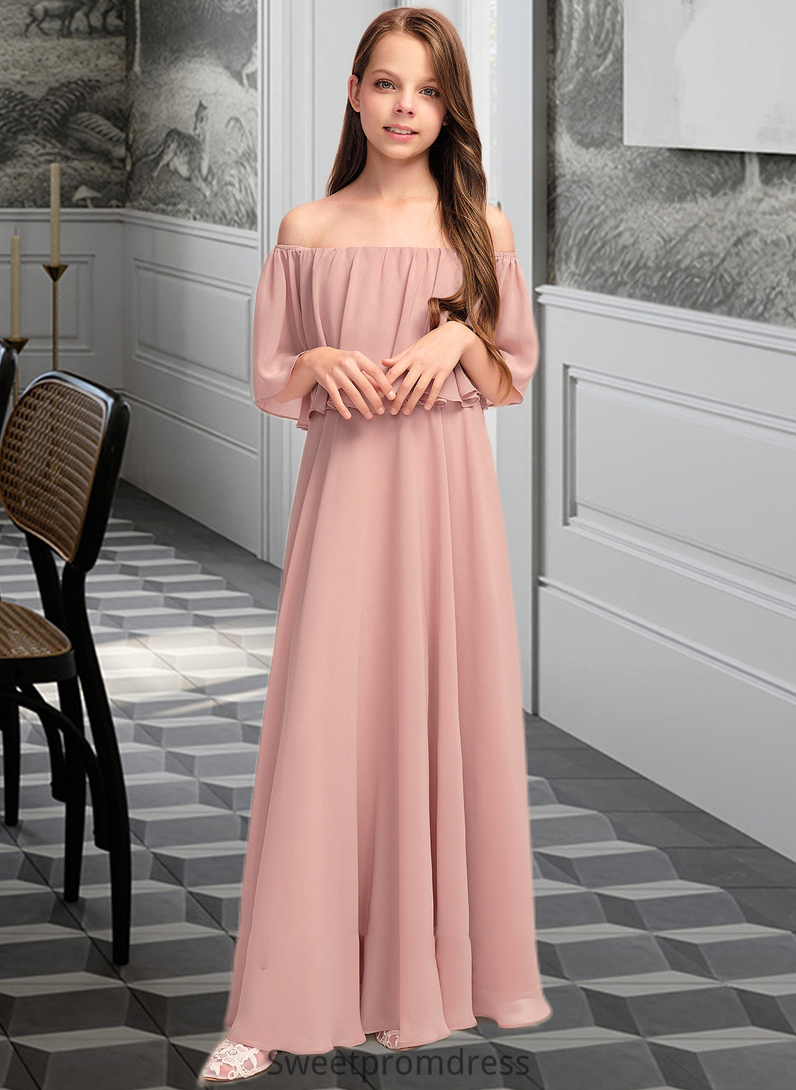 Charlee A-Line Off-the-Shoulder Floor-Length Chiffon Junior Bridesmaid Dress With Ruffle DHP0013459