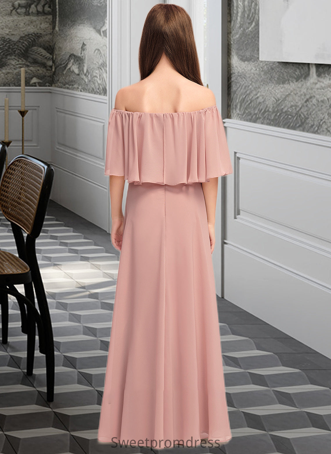 Charlee A-Line Off-the-Shoulder Floor-Length Chiffon Junior Bridesmaid Dress With Ruffle DHP0013459