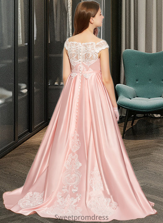 Paris Ball-Gown/Princess Off-the-Shoulder Sweep Train Satin Lace Junior Bridesmaid Dress DHP0013460