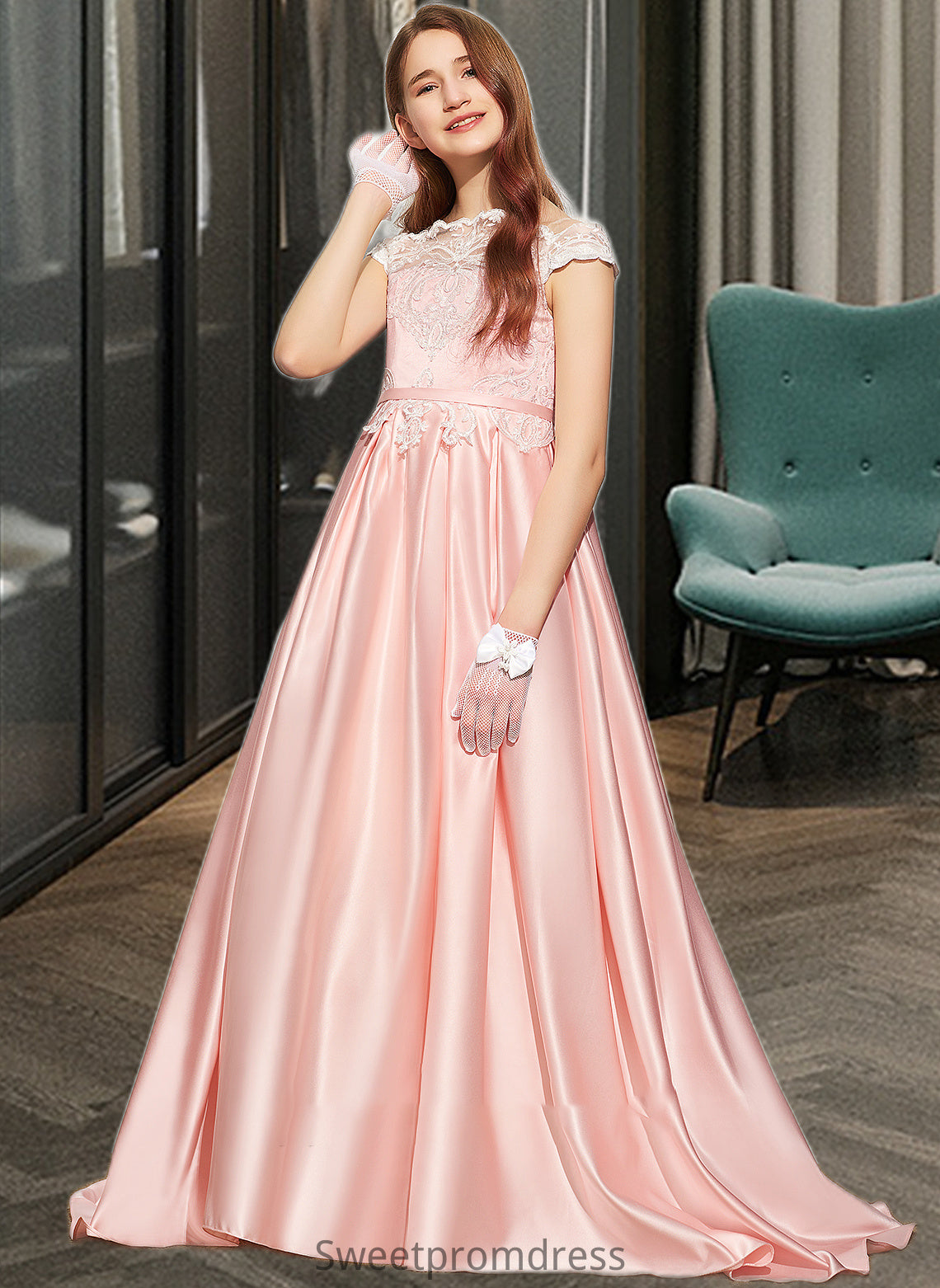 Paris Ball-Gown/Princess Off-the-Shoulder Sweep Train Satin Lace Junior Bridesmaid Dress DHP0013460