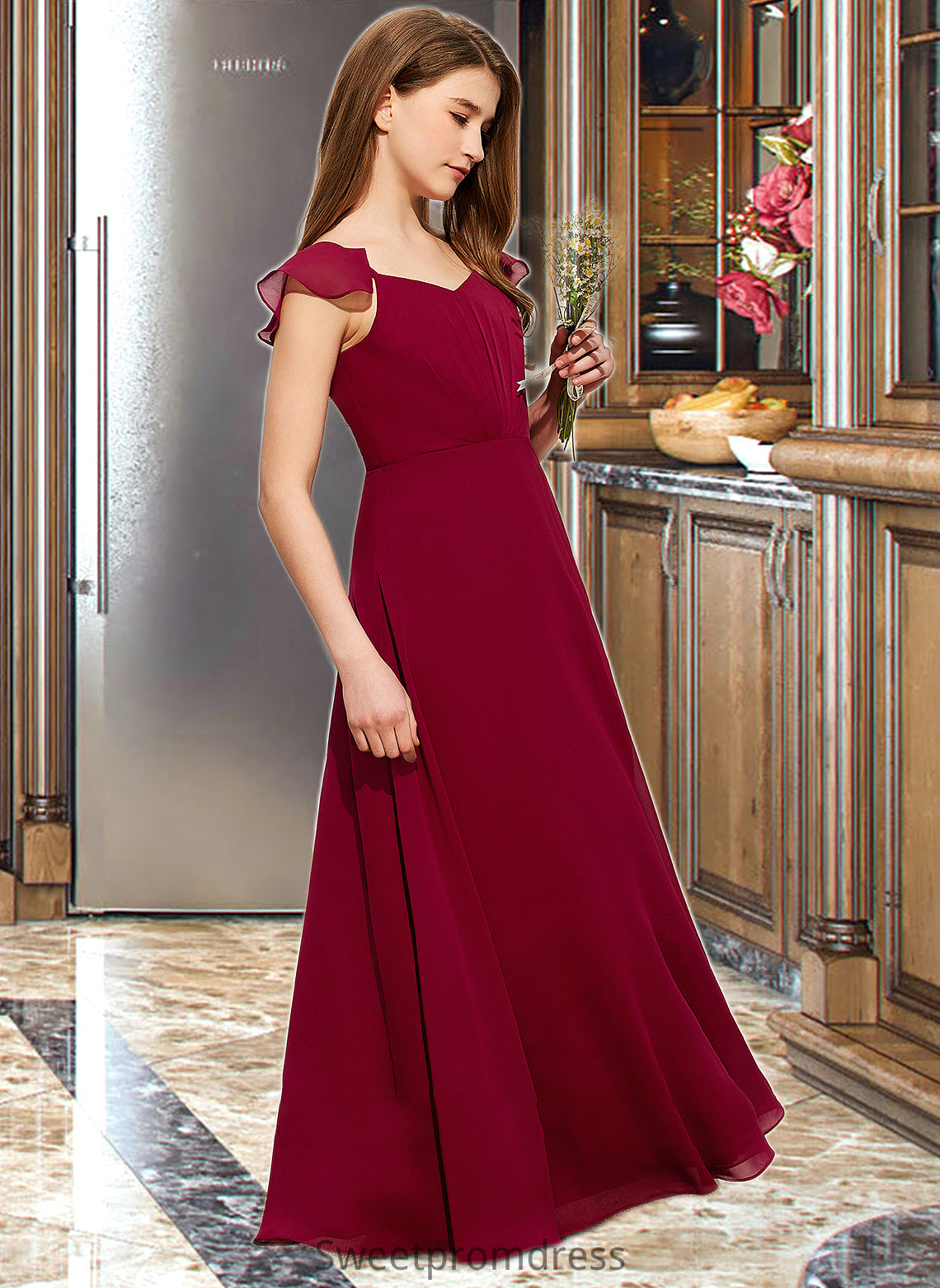 Joyce A-Line V-neck Floor-Length Chiffon Junior Bridesmaid Dress With Ruffle DHP0013461