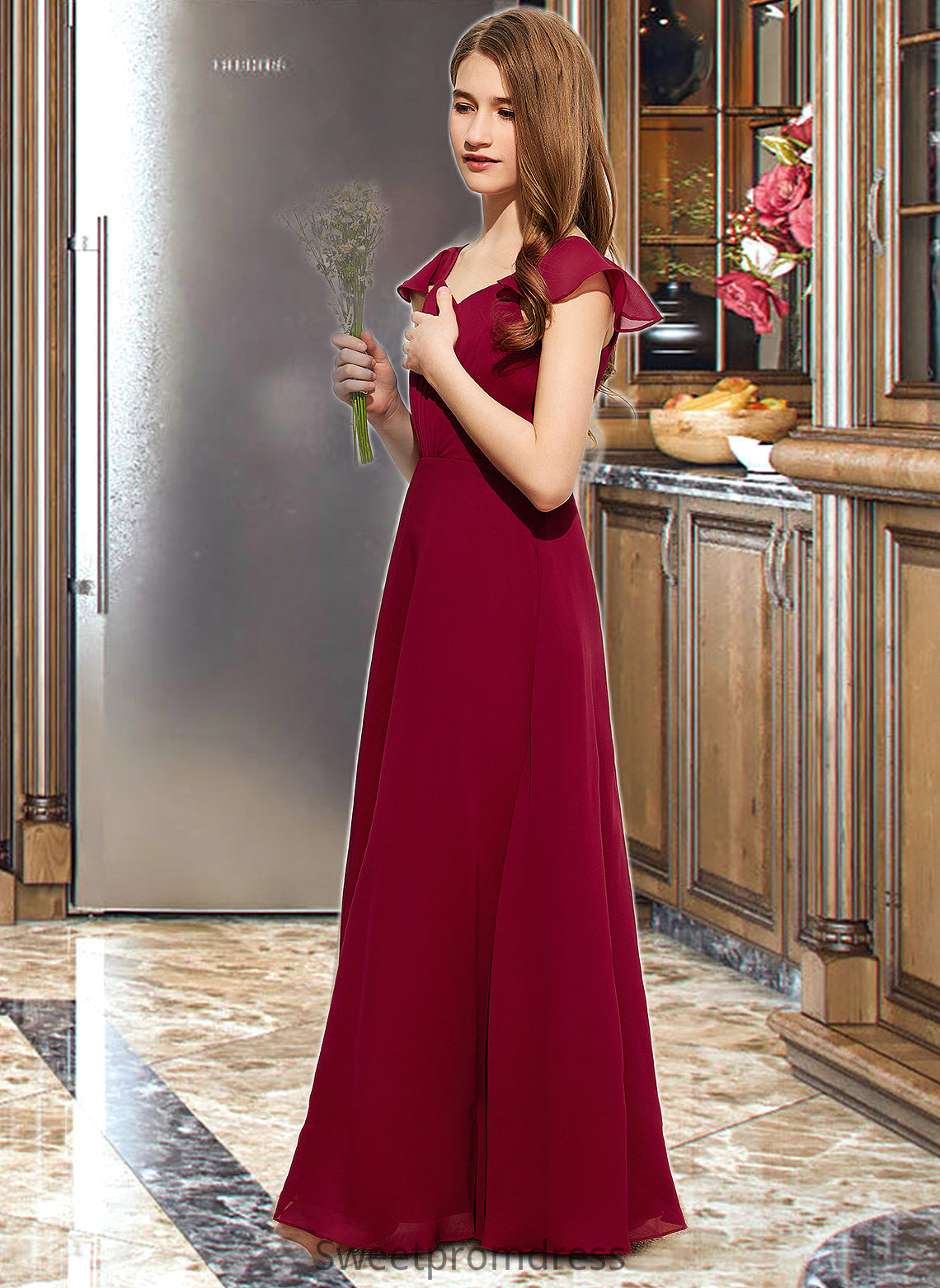 Joyce A-Line V-neck Floor-Length Chiffon Junior Bridesmaid Dress With Ruffle DHP0013461