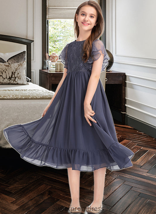 Macie A-Line Scoop Neck Knee-Length Chiffon Lace Junior Bridesmaid Dress With Cascading Ruffles DHP0013462