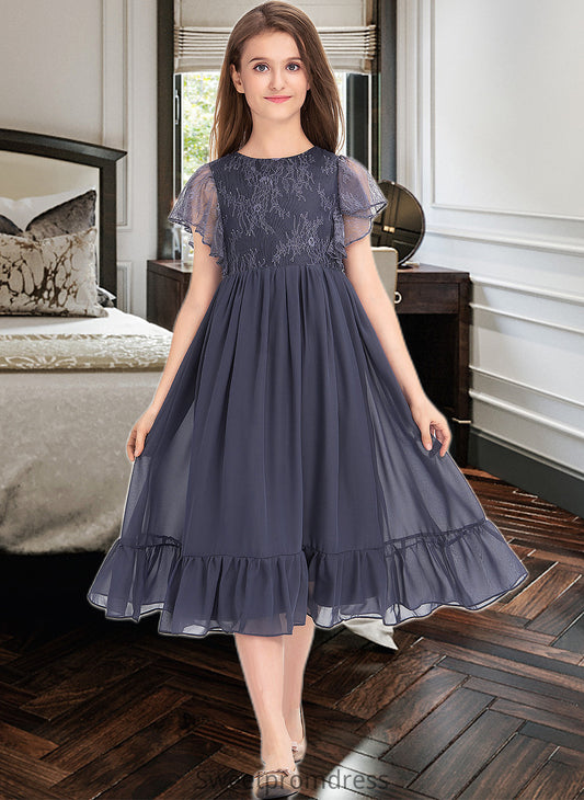 Macie A-Line Scoop Neck Knee-Length Chiffon Lace Junior Bridesmaid Dress With Cascading Ruffles DHP0013462