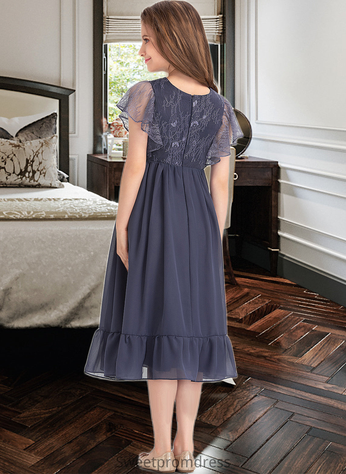 Macie A-Line Scoop Neck Knee-Length Chiffon Lace Junior Bridesmaid Dress With Cascading Ruffles DHP0013462