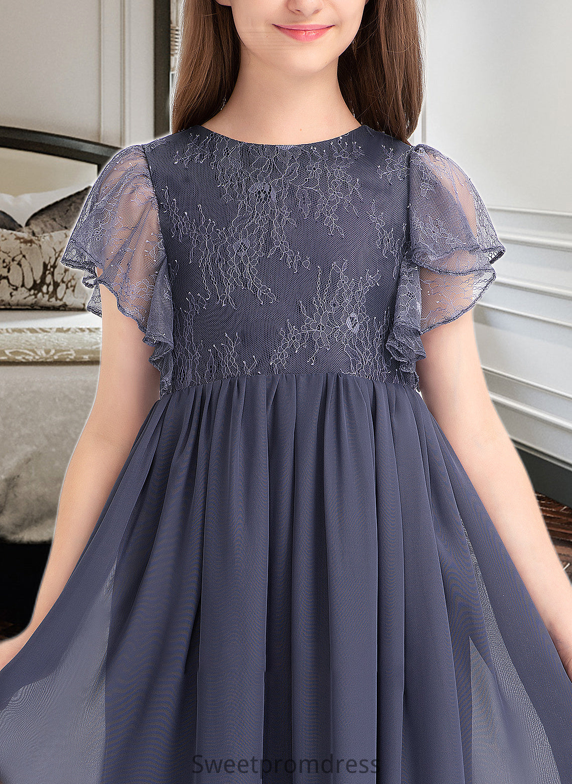 Macie A-Line Scoop Neck Knee-Length Chiffon Lace Junior Bridesmaid Dress With Cascading Ruffles DHP0013462