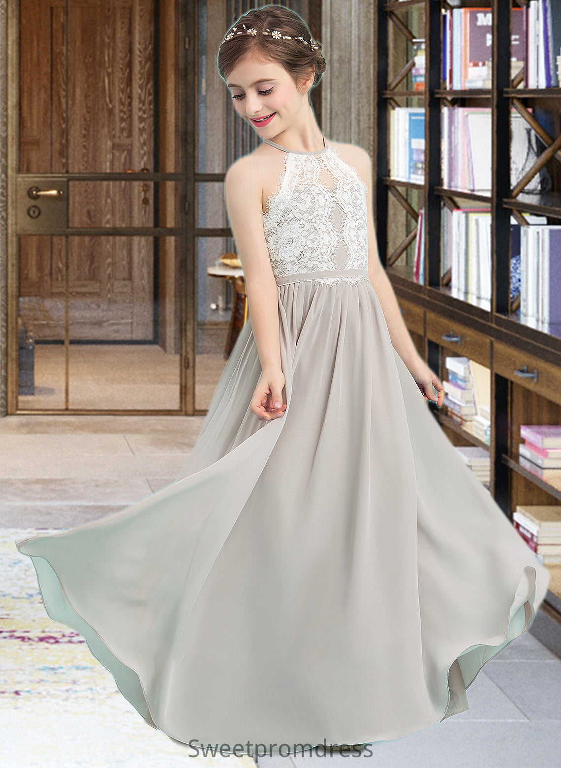 Aniyah A-Line Scoop Neck Floor-Length Chiffon Junior Bridesmaid Dress DHP0013463