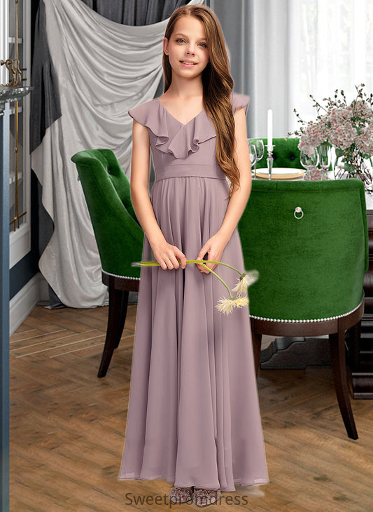 Akira A-Line V-neck Floor-Length Chiffon Junior Bridesmaid Dress With Cascading Ruffles DHP0013464