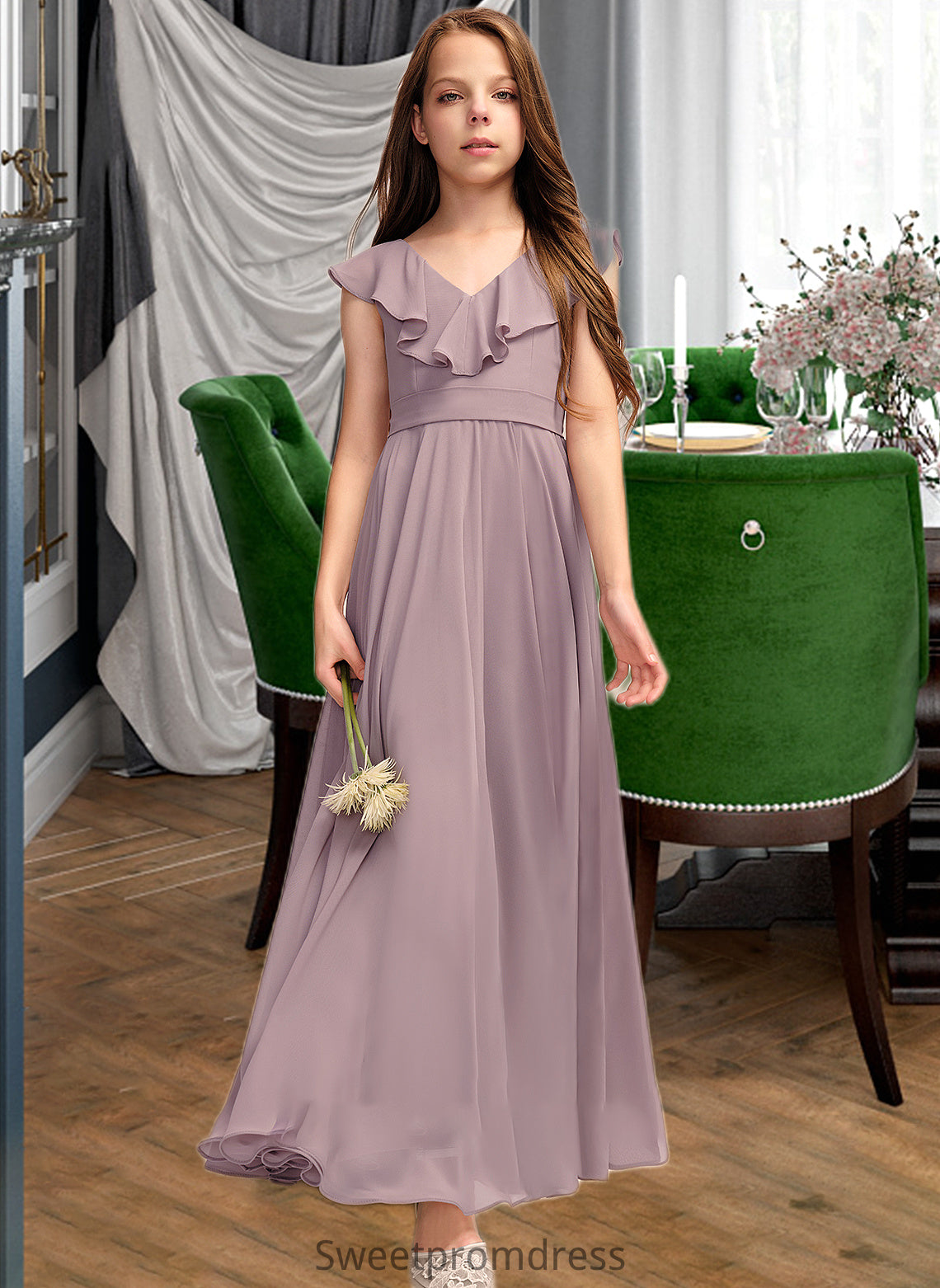 Akira A-Line V-neck Floor-Length Chiffon Junior Bridesmaid Dress With Cascading Ruffles DHP0013464