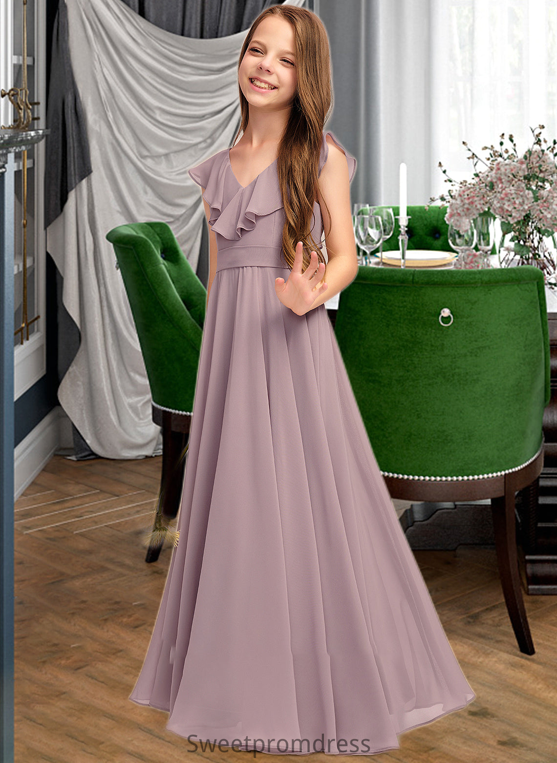 Akira A-Line V-neck Floor-Length Chiffon Junior Bridesmaid Dress With Cascading Ruffles DHP0013464