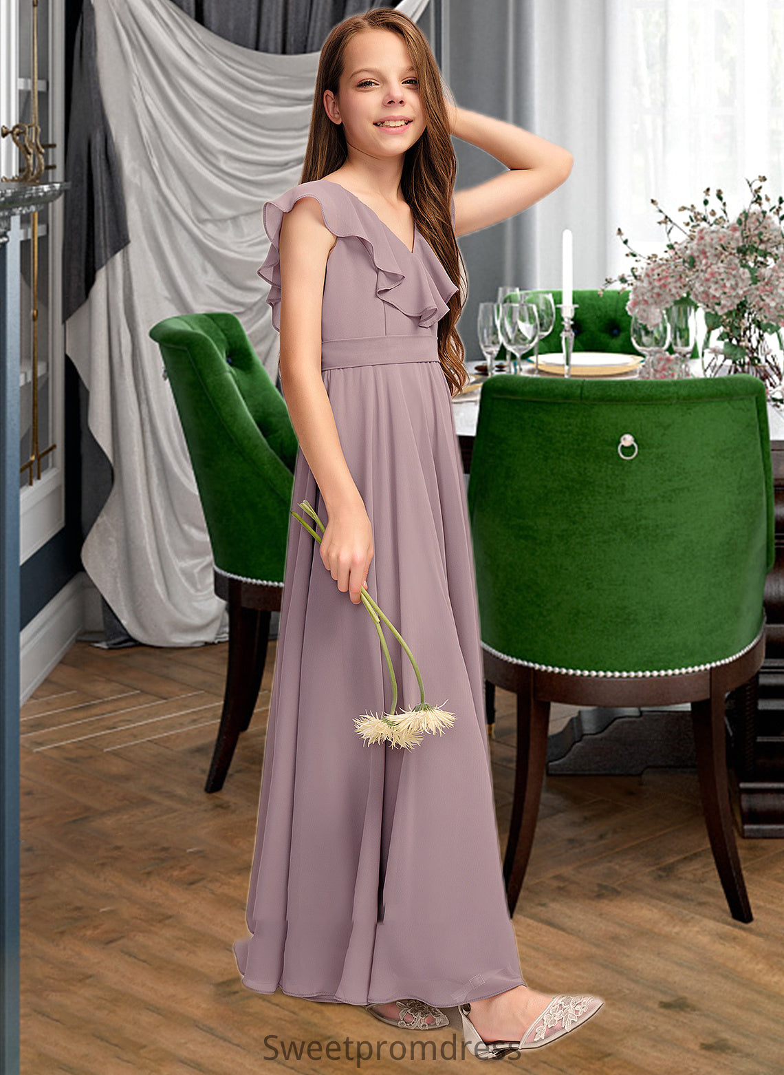 Akira A-Line V-neck Floor-Length Chiffon Junior Bridesmaid Dress With Cascading Ruffles DHP0013464