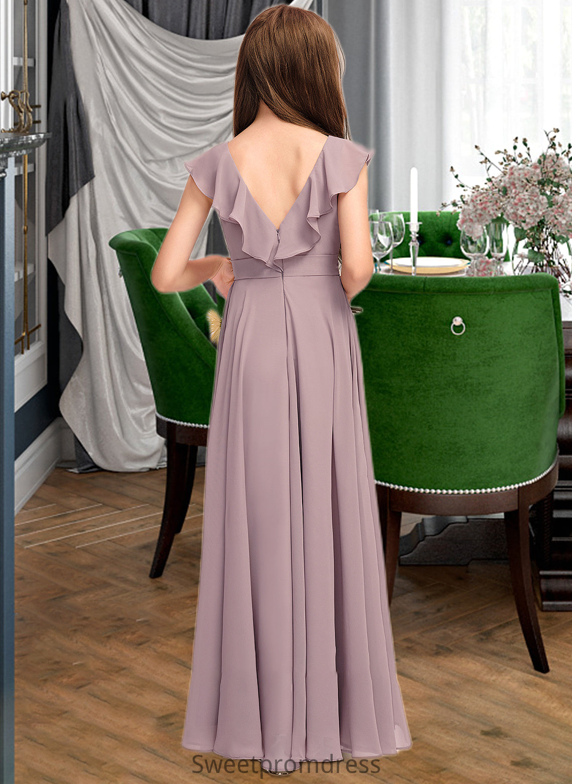 Akira A-Line V-neck Floor-Length Chiffon Junior Bridesmaid Dress With Cascading Ruffles DHP0013464