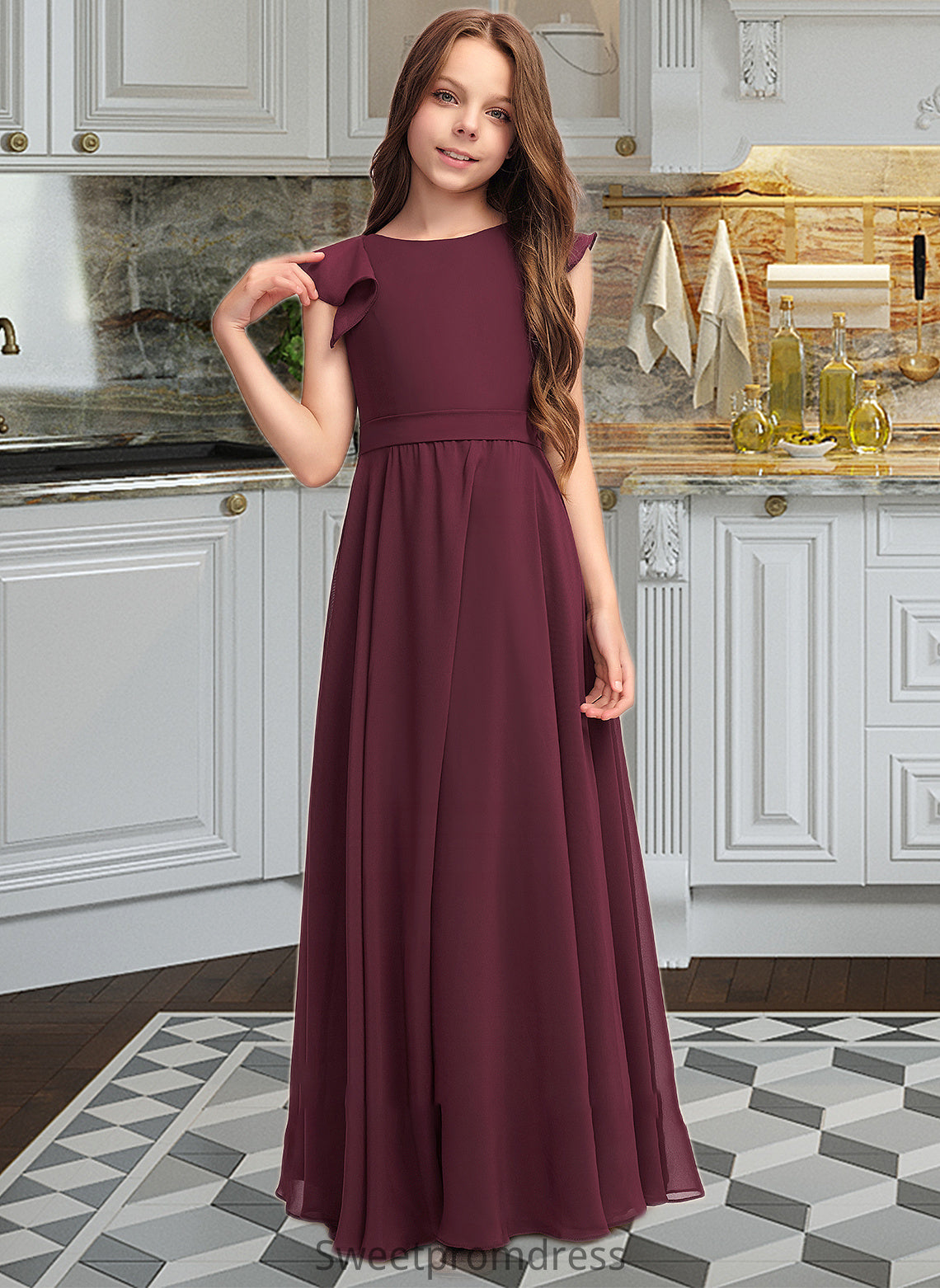 Raina A-Line Scoop Neck Floor-Length Chiffon Junior Bridesmaid Dress With Cascading Ruffles DHP0013466