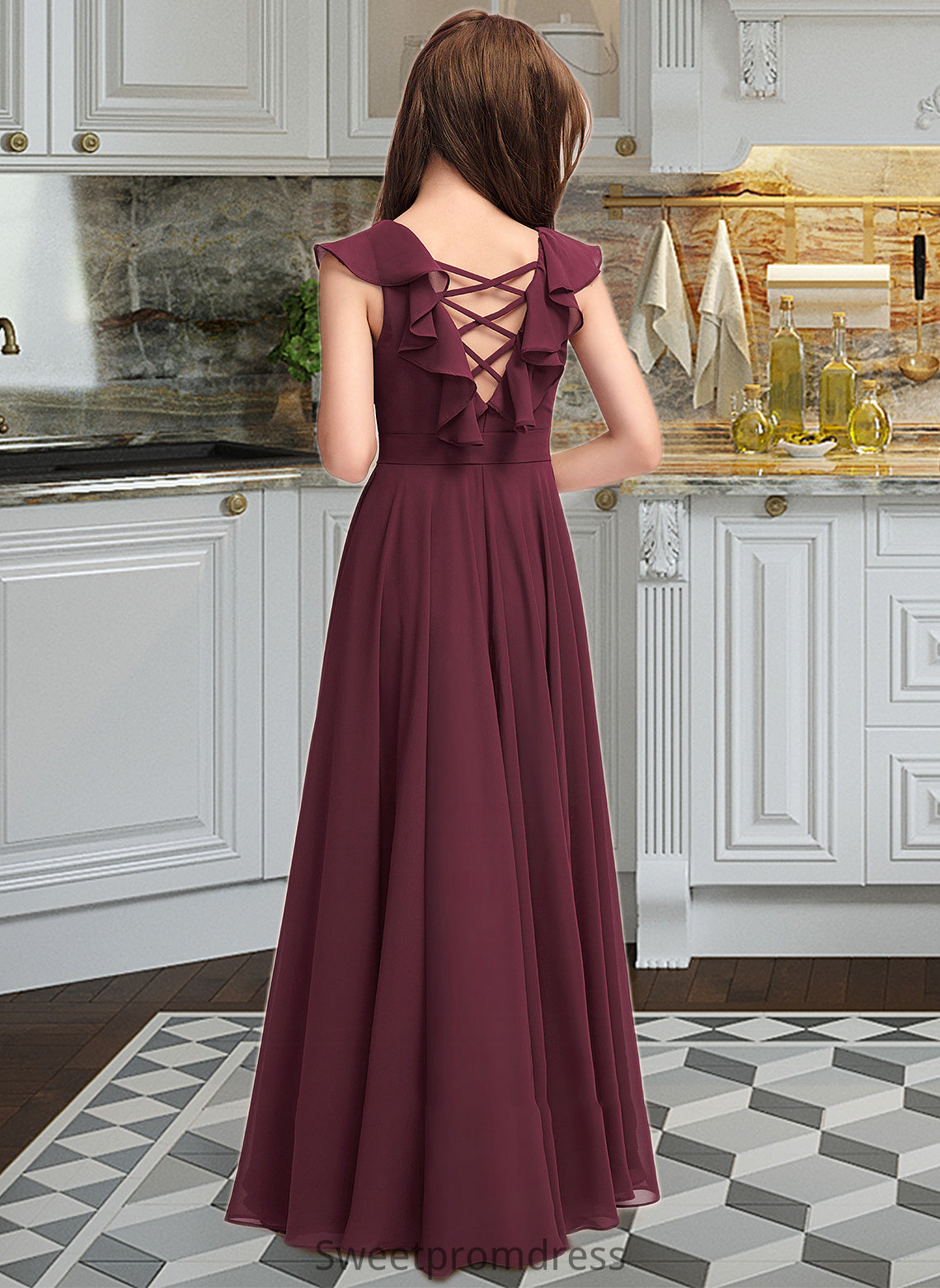 Raina A-Line Scoop Neck Floor-Length Chiffon Junior Bridesmaid Dress With Cascading Ruffles DHP0013466